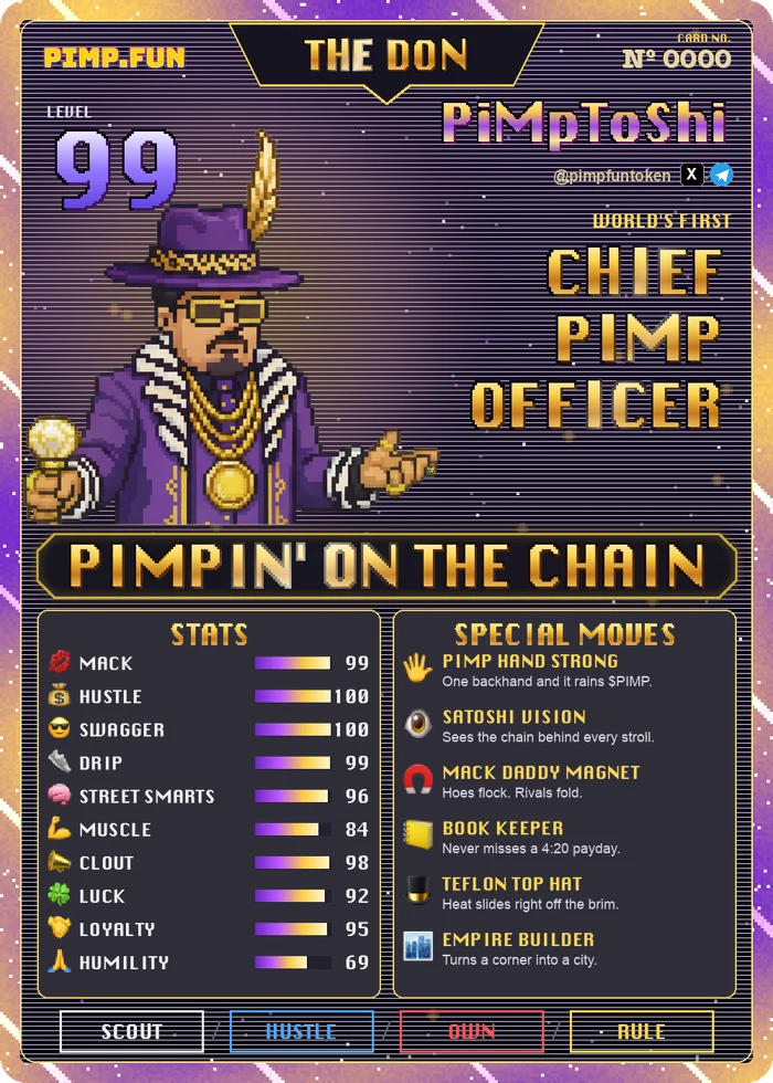 PiMpToShi card back: Level 99, The Don, stats