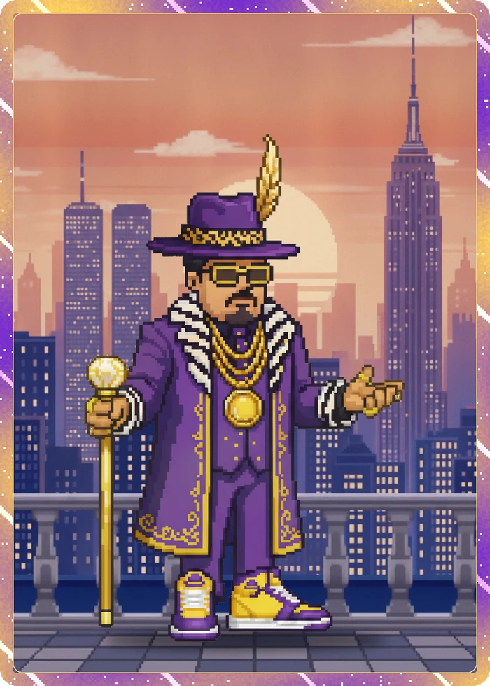 PiMpToShi card front: the founder in the PimpFun hat on a rooftop with the Twin Towers