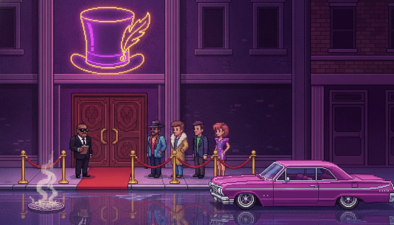 1985 Empire City nightclub: a velvet rope, a bouncer with a clipboard and a line out front